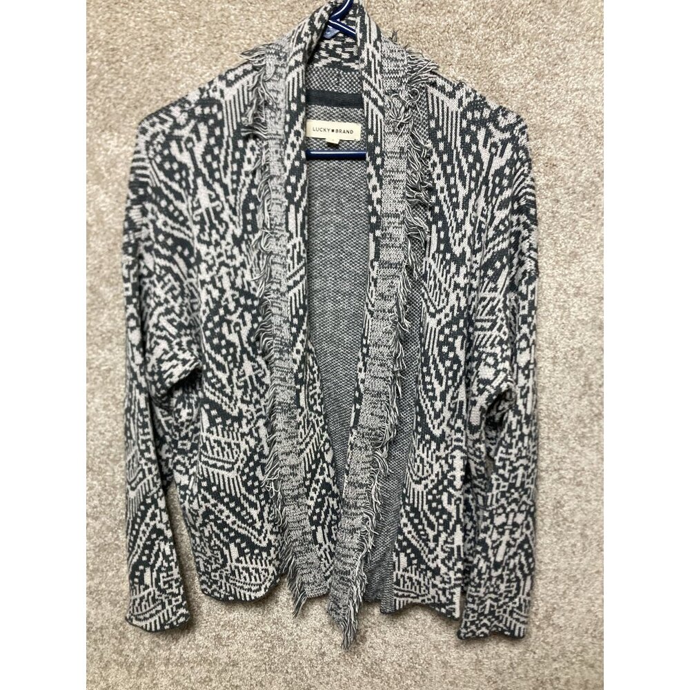 Lucky Brand Womens Fringe Open Front Cardigan Sweater Size S Black & Gray Knit